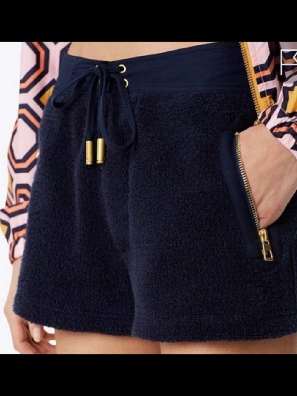 Tory Burch Navy Terry Cloth Drawstring Josie Shorts with Gold Accents & Zippers